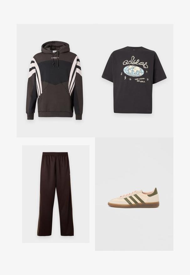 Σκούρο γκρι και μαύρο φούτερ Adidas με λευκές ρίγες στα μανίκια και την μπροστινή τσέπη, με κουκούλα με κορδόνια και λογότυπο στο στήθος.; Μαύρο μπλουζάκι Adidas με γραφικό που απεικονίζει μια μπάλα γήινου χρώματος σε μπεζ και μπλε, χειρόγραφo λογότυπο Adidas, αστέρια και το κείμενο «Three Stripes. One World.»; Σκούρο καφέ παντελόνι με ευρύ πόδι, ελαστική μέση και διακριτικές ανοιχτό καφέ λωρίδες στα πλάγια, σε απλό λευκό φόντο.; Χαμηλού προφίλ μπεζ αθλητικό παπούτσι Adidas Spezial με πράσινες ρίγες, σόλα από καουτσούκ και την επωνυμία "SPEZIAL" στην πλευρά, εμφανίζεται από την εξωτερική πλευρά.
