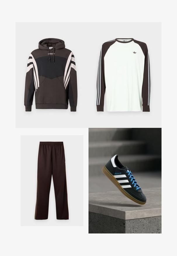 Σκούρο γκρι και μαύρο φούτερ Adidas με λευκές ρίγες στα μανίκια και την μπροστινή τσέπη, με κουκούλα με κορδόνια και λογότυπο στο στήθος.; Λευκό πουκάμισο με μακριά μανίκια και καφέ μανίκια raglan. Διαθέτει μπλε και λευκές ρίγες στα μανίκια και ένα μικρό λογότυπο στο στήθος.; Σκούρο καφέ παντελόνι με ευρύ πόδι, ελαστική μέση και διακριτικές ανοιχτό καφέ λωρίδες στα πλάγια, σε απλό λευκό φόντο.; Μαύρο αθλητικό παπούτσι Adidas με λευκές ρίγες, μπλε κορδόνια και καουτσούκ σόλα να αιωρείται πάνω από γκρίζο τσιμεντένιο σκαλοπάτι σε απαλό φως.