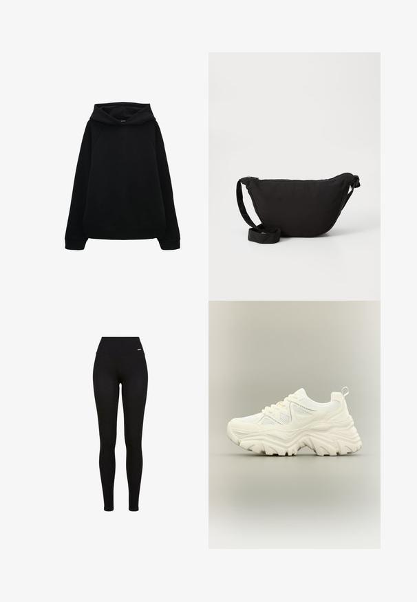 Zwarte hoodie met een relaxte pasvorm, raglanmouwen en ribgebreide manchetten en onderkant. Gladde textuur zonder patronen of zichtbare hardware.; Zwarte leggings met een hoge tailleband, rekbaar materiaal, een soepele textuur en een pasvorm die geschikt is voor casual of sportieve kleding.; Witte chunky sneaker met dikke textuurrijke zool, mesh panelen, veters aan de voorkant en een treklipje aan de hiel op een neutrale achtergrond.; Zwarte hobo tas gemaakt van zachte stof, met een gebogen vorm, een ritssluiting en een brede verstelbare schouderriem. Glad van structuur zonder patronen.