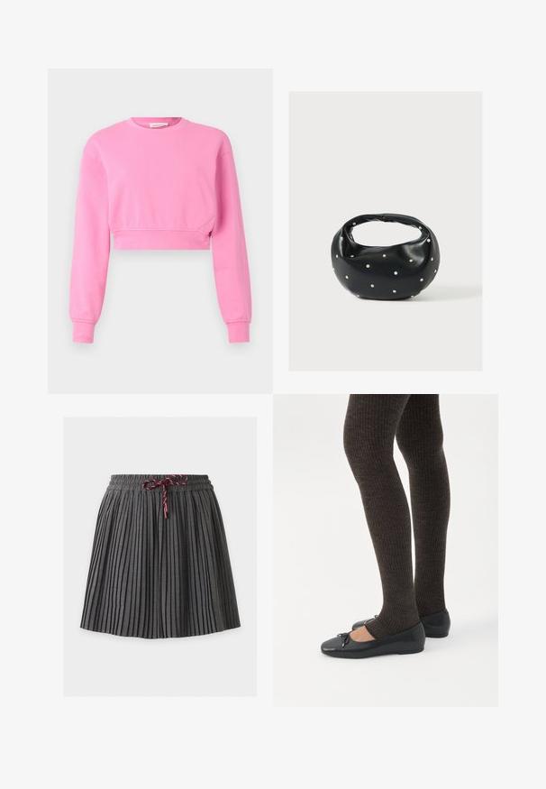 Sweatshirt rose court avec manches longues, col rond et poignets côtelés. Fabriqué à partir d'un mélange de coton doux avec une texture lisse.; Jupe plissée gris foncé avec une taille élastique et un cordon bordeaux noué au centre devant.; Jambes portant des leggings côtelés foncés associés à des ballerines noires avec de petits détails en nœud sur fond blanc.; Sac à main en cuir noir de forme arrondie, décoré de clous argentés et équipé d'une poignée courte. Texture lisse et fermeture éclair.