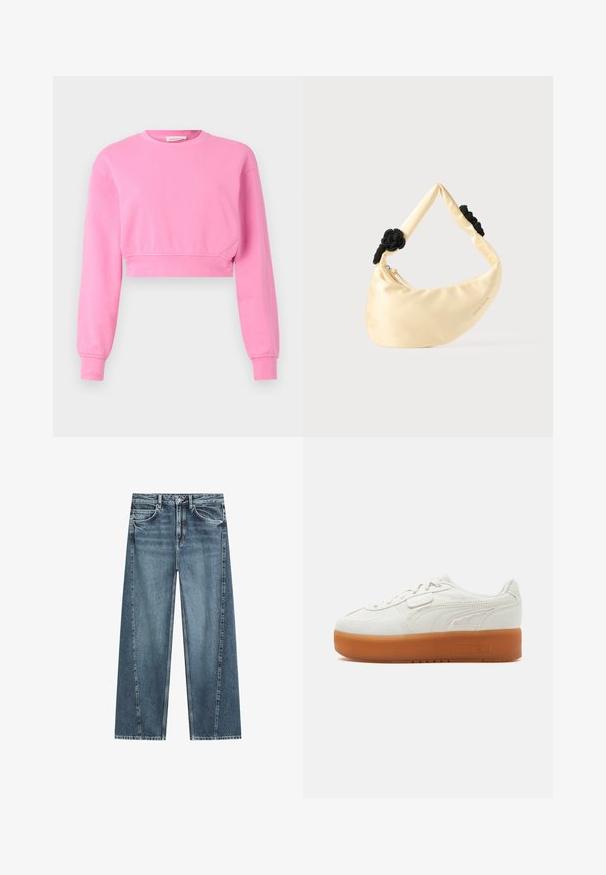 Roze cropped sweatshirt met lange mouwen, ronde halslijn en geribde manchetten. Gemaakt van een zachte katoenmix met een gladde textuur.; Blauwe denim jeans met rechte pijpen, voorzakken, lussen voor riem, knoopsluiting en een vervaagde wassing.; Witte lage sneaker met dikke bruine rubberen zool, gestikte zijkantdetails en vetersluiting met een klein klittenbandje.; Crèmekleurige satijnen schoudertas met twee zwarte gevlochten knopen aan de riem en een zichtbare ritssluiting.