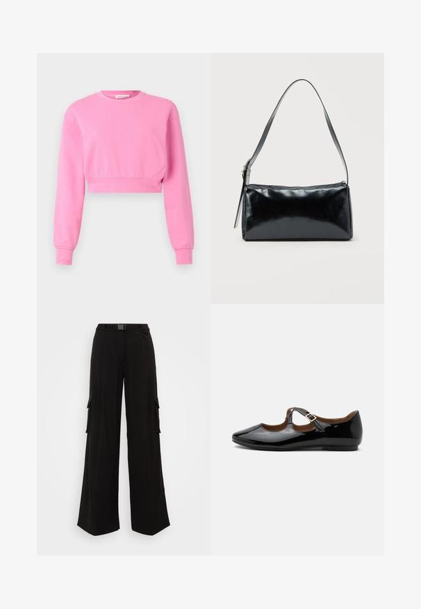 Roze cropped sweatshirt met lange mouwen, ronde halslijn en geribde manchetten. Gemaakt van een zachte katoenmix met een gladde textuur.; Zwarte cargo-broek met brede pijpen, zijzakken, een gestructureerde stof, een aansluitende tailleband en een riem voor een verstelbare pasvorm. Strak, modern ontwerp.; Zwarte lakleren Mary Jane platte schoen met twee uitsparingen en een gouden gespbandje op een witte achtergrond.; Zwarte rechthoekige schoudertas met een enkele verstelbare band en een bovenste ritssluiting op een effen achtergrond.