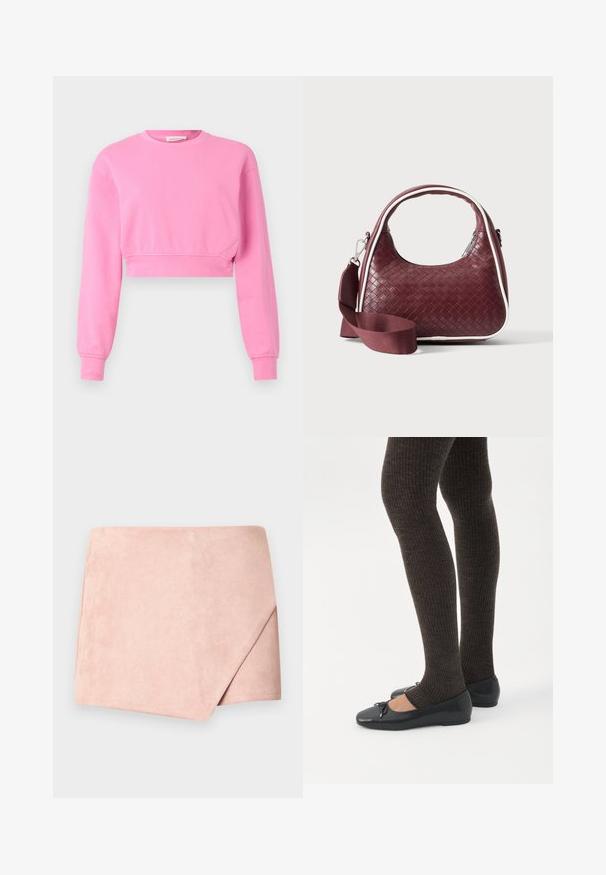 Rosa cropped sweatshirt med lange ærmer, rund halsudskæring og ribbede ærmer. Fremstillet af en blød bomuldsblanding med en glat overflade.; Blød lyserød mininederdel med en blød, tekstureret overflade; har et asymmetrisk omslagsdesign og rene kanter.; Ben iført mørke ribbede leggings kombineret med sorte balletsko med små sløjfedetaljer på hvid baggrund.; Mørkerød vævet lædertaske med buet hank, hvid kant, sølv lynlås og aftagelig bred stofskulderrem mod en ensfarvet baggrund.