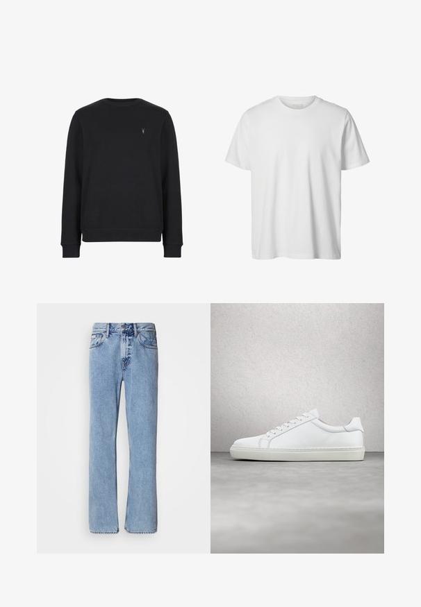 Schwarzer Sweatshirt aus Baumwollmischung, mit Rundhalsausschnitt, langen Ärmeln und einem kleinen gestickten Logo auf der Brust.; Schlichtes weißes T-Shirt mit kurzen Ärmeln und Rundhalsausschnitt, lässiger Passform und ohne sichtbare Logos oder Designs auf der Vorderseite.; Hellblaue Jeans aus Denim mit geradem Bein, fünf Taschen und Knopfverschluss. Nähte in der Nähe der Taschen und des Bundes.; Weißer Sneaker mit glattem Lederobermaterial und niedrigem Profil. Verfügt über eine runde Zehenpartie, sechs Ösen und eine strukturierte Gummisohle.