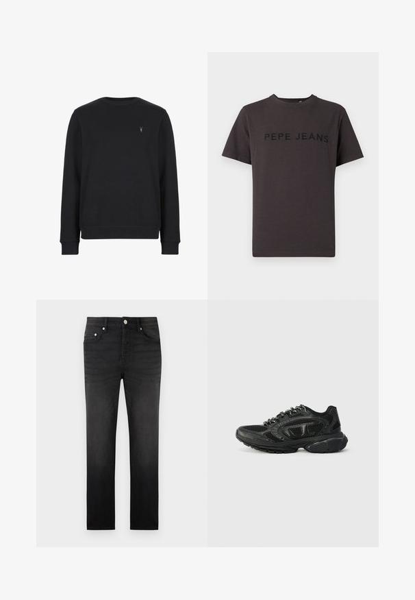 Sort sweatshirt lavet af bomuldsblanding, med rund halsudskæring, lange ærmer og et lille broderet logo på brystet.; Mørkegrå t-shirt lavet af bomuld med korte ærmer og rund halsudskæring. "PEPE JEANS" er præget i sort på forsiden.; Sorte slimfit-jeans med fem lommer, knap- og lynlåslukning samt bæltestropper, vist mod en ensfarvet hvid baggrund.; Sorte atletiske sneakers med et mesh-overdel, teksturerede detaljer og polstret krave. Snørebåndsdesign med en tykk gummisål for støtte.