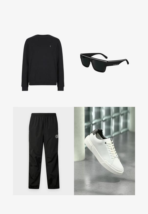 Schwarzer Sweatshirt aus Baumwollmischung, mit Rundhalsausschnitt, langen Ärmeln und einem kleinen gestickten Logo auf der Brust.; Schwarze Regenhose aus leichtem, wasserdichtem Material. Mit einem elastischen Bund und Logodetail an der Seite. Glatte Textur.; Weißer Sneaker mit niedrigem Schaft, schwarzem, strukturiertem Fersenlaschen, weißen Schnürsenkeln und dicker Sohle auf einem polierten Betonboden in der Nähe von Glasbausteinen.; Calvin Klein Jeans Sonnenbrille - black