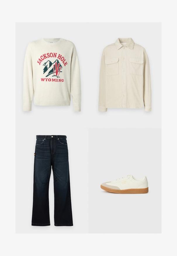 Pull léger en crème avec une texture en maille épaisse. Présente un design graphique avec "JACKSON HOLE" et "WYOMING" en rouge et vert. Encolure arrondie.; Chemise en velours côtelé beige à manches longues, dotée de deux poches poitrine et d'une fermeture à boutons. Elle présente un col classique et un motif côtelé vertical texturé.; Jeans droit bleu foncé avec un design classique à cinq poches, passants de ceinture et légers détails décolorés à l'avant et aux genoux.; Baskets en cuir blanc avec une coque beige et une semelle en caoutchouc marron clair. Dotées de lacets blancs plats et d'un logo embossé sur le côté.