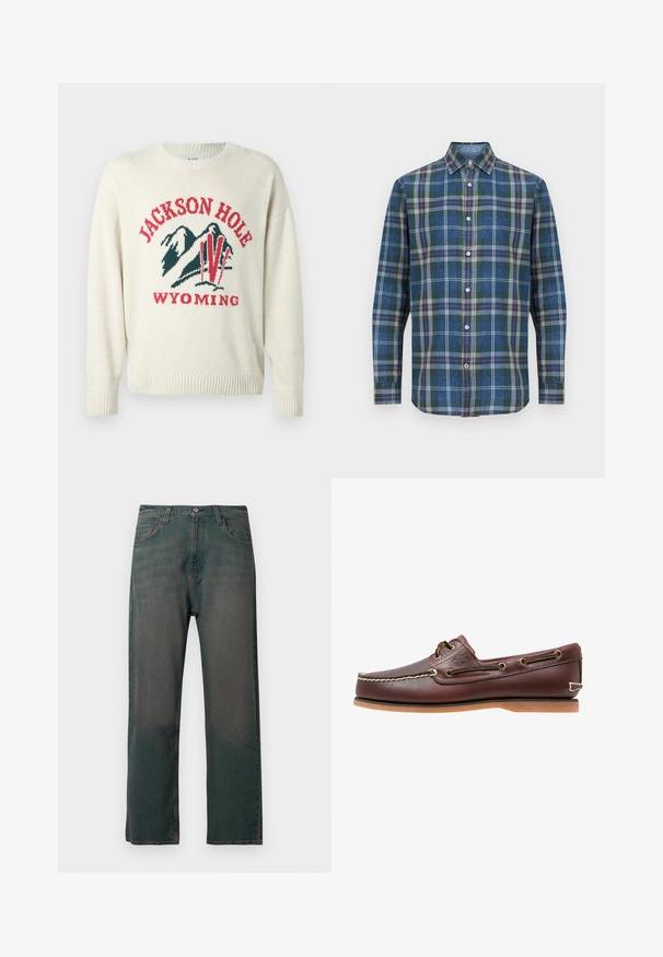 Pull léger en crème avec une texture en maille épaisse. Présente un design graphique avec "JACKSON HOLE" et "WYOMING" en rouge et vert. Encolure arrondie.; Chemise pour homme à manches longues, boutonnée, avec motif à carreaux verts, bleus, gris et orange, et col pointu.; Jean en denim vert foncé avec une coupe droite, doté d'un design classique à cinq poches et de coutures contrastantes le long des coutures.; Chaussure bateau en cuir marron avec coutures blanches, détails de lacets et semelle en caoutchouc beige, vue de côté sur fond blanc.