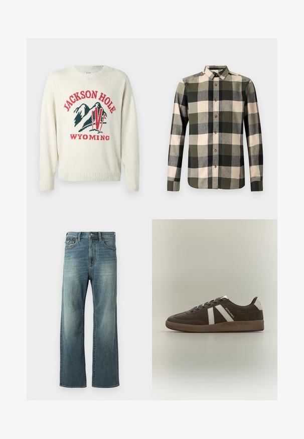 Pull léger en crème avec une texture en maille épaisse. Présente un design graphique avec "JACKSON HOLE" et "WYOMING" en rouge et vert. Encolure arrondie.; Chemise à manches longues boutonnée avec un grand motif à carreaux dans des tons vert olive, noir, beige et gris.; Jeans en denim bleu clair avec une coupe droite, un léger délavage, cinq poches et des passants de ceinture. Comprend des accents de couture et une fermeture à bouton.; Basket en daim marron avec des bandes blanches, un renfort de talon blanc, une semelle gomme et le texte "JACK & JONES" sur le côté, présentée de profil sur un fond uni.