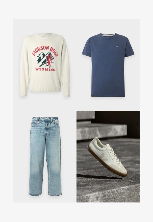 Pull léger en crème avec une texture en maille épaisse. Présente un design graphique avec "JACKSON HOLE" et "WYOMING" en rouge et vert. Encolure arrondie.; T-shirt bleu marine à manches courtes et col rond avec un petit logo de mouette blanche sur la poitrine gauche sur fond clair.; Jean en denim délavé avec une coupe décontractée, présentant une jambe droite, une taille mi-haute, cinq poches et des détails de couture visibles.; Baskets en cuir blanc avec semelle en caoutchouc beige, lacets plats et accent en forme de V sur le côté. Présentent une surface lisse et peu de détails de couture.