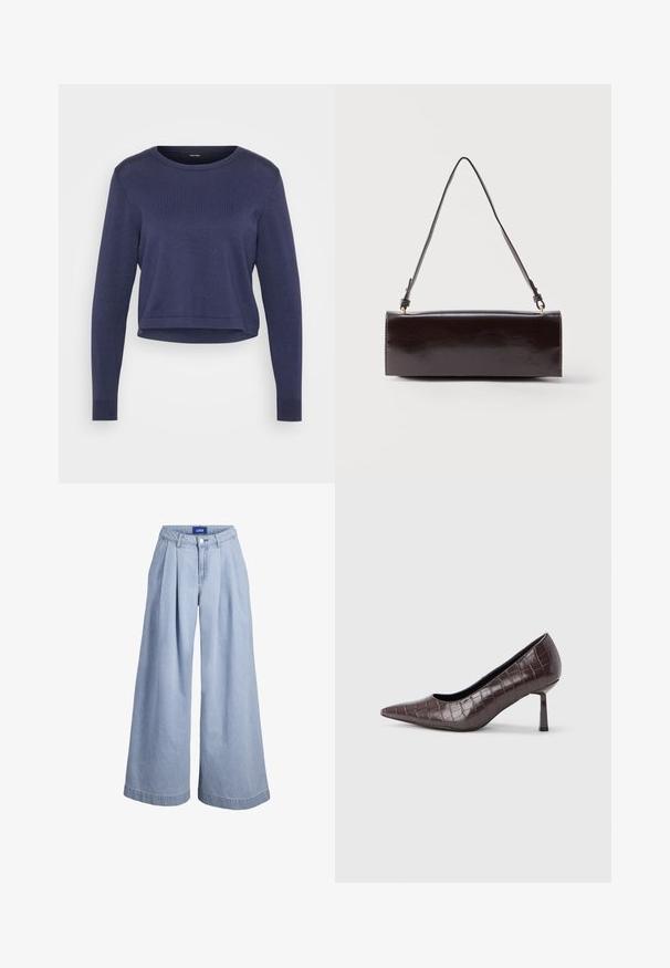 Pull court bleu marine en maille douce. Il a un col rond et des manches longues avec des poignets côtelés. Design simple et épuré.; Pantalon en denim bleu clair à jambes larges avec plis à l'avant, fermeture par boutons et étiquette JJXX sur la ceinture intérieure.; Escarpins à bout pointu en similicuir marron avec une texture crocodile, dotés d’un talon fin et angulaire ainsi que d’une doublure intérieure lisse.; Sac à main rectangulaire en cuir noir avec une longue bandoulière unique et une finition brillante, présenté sur un fond blanc uni.