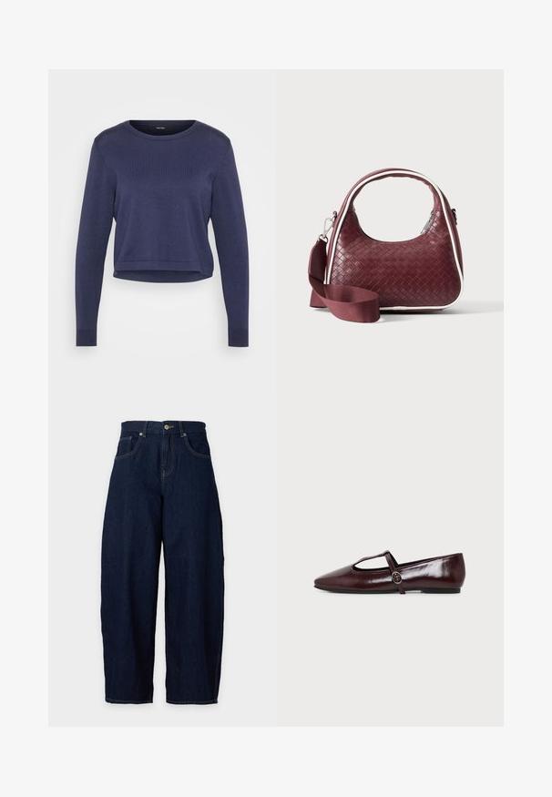 Pull court bleu marine en maille douce. Il a un col rond et des manches longues avec des poignets côtelés. Design simple et épuré.; Jean en denim bleu foncé à jambes larges, fermeture avant par bouton et zip, passants de ceinture et poches avant sur fond clair.; Chaussure plate en cuir bordeaux foncé avec un bout pointu et une fine bride en T avec une boucle argentée sur fond blanc.; Sac à main en cuir tressé marron foncé avec poignée courbée, garniture blanche, fermeture éclair argentée et bandoulière large en tissu amovible sur fond uni.