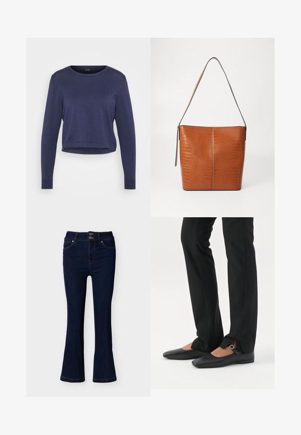 Pull court bleu marine en maille douce. Il a un col rond et des manches longues avec des poignets côtelés. Design simple et épuré.; Jean flare en denim bleu foncé avec fermeture à double bouton à la taille et poches avant, présenté sur un fond clair uni.; Jambes vêtues d’un pantalon slim noir avec des fentes à l’avant de l’ourlet, assorties à des chaussures plates Mary Jane noires avec une petite bride à boucle.; Sac à main en cuir marron avec un motif en cuir de crocodile, doté d'une seule bandoulière et d'une forme raffinée, accentué de bordures noires.