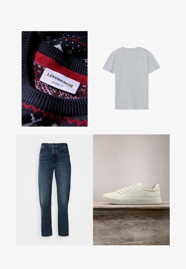 Sort strikket sweater med et tekstureret mønster og røde og grønne accenter. Mærket viser "LINDBERGH RELAXED FIT."; Grå kortærmet t-shirt lavet af blødt bomuldsblandingsmateriale, med en klassisk rund halsudskæring og en glat, let tekstur.; Mørkeblå lige bukser med frontknap og lynlås, fem-lomme design og subtil fading på lår og knæ.; Hvide snørresneakers svævende over en træbænk med grønne planter i baggrunden, der fremhæver skodesign og tekstur.