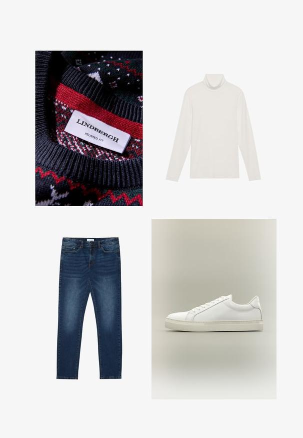 Sort strikket sweater med et tekstureret mønster og røde og grønne accenter. Mærket viser "LINDBERGH RELAXED FIT."; Langærmet turtleneck top i hvid. Blødt, strækbart stof med en tætsiddende silhuet. Har en høj krave og minimal sømdetaljering.; Mørkeblå slim-fit jeans med falmede detaljer, klassisk fem-lomme design, knappelukning og bæltestropper.; Hvid lavtop sneaker med snørebånd foran og tyk sål, vist fra siden mod en neutral baggrund.