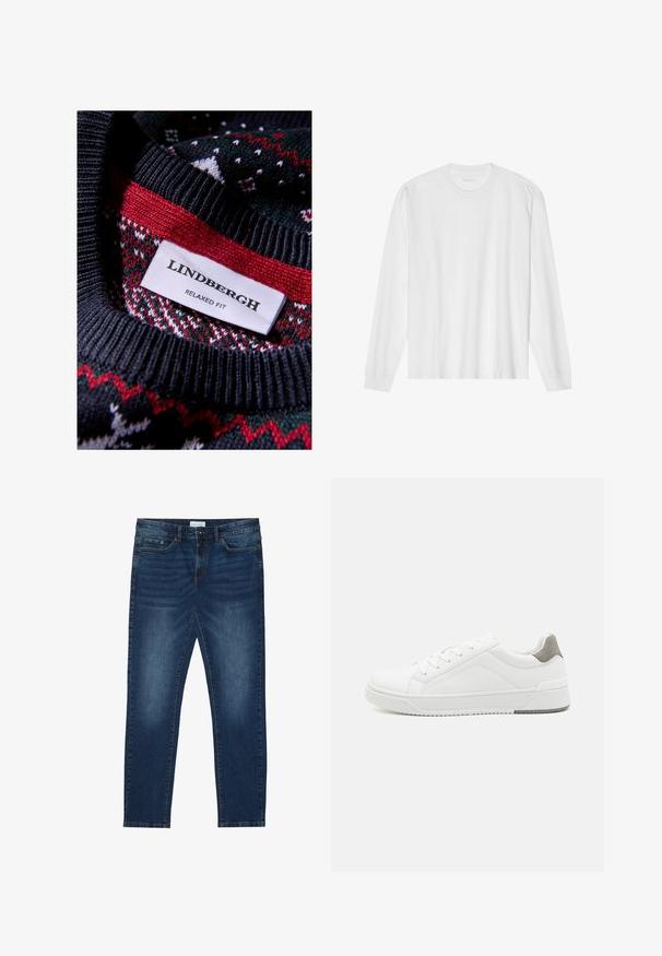 Zwarte gebreide trui met een textuurpatroon en rode en groene accenten. Etiket zegt "LINDBERGH RELAXED FIT."; Wit, lang katoen T-shirt met lange mouwen en ronde hals, met geribde manchetten en een rechte zoom, een gladde textuur en een minimalistisch ontwerp.; Donkerblauwe slim-fit jeans met vervaagde details, klassiek vijf-pocket ontwerp, knoopsluiting en riemlussen.; Witte sneaker van glad leer met een ronde neus, minimalistisch ontwerp, grijze hielaccent en een geplaatste rubberen zool.