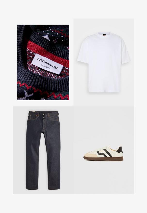 Zwarte gebreide trui met een textuurpatroon en rode en groene accenten. Etiket zegt "LINDBERGH RELAXED FIT."; Witte katoenen T-shirt met ronde hals, korte mouwen en een ontspannen pasvorm. Heeft textuur op de schoudernaden voor extra detail.; Donkerblauwe spijkerbroek met een rechte pijp, voorzien van oranje stiksel en klassieke vijfzakkenstijl. Knop- en ritssluiting.; Witte lederen sneaker met zwarte strepen en een lichtbruine suède neuskap. Rubberzool in donkerbruin. Veters en een gewatteerde kraag maken het ontwerp compleet.