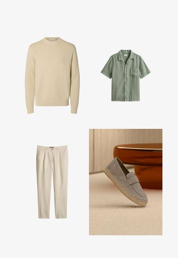 Effen beige ronde hals gebreide trui met lange mouwen en geribde boorden en zoom.; Korte mouwen, saliegroene linnen blouse met knopen aan de voorkant, een borstzak en een ontspannen kraag, plat neergelegd op een witte achtergrond.; Beige broek met rechte pijpen, voorzakken, riemlussen, knoopsluiting en gulp met rits, gemaakt van lichtgewicht stof.; Lichtgrijze suède loafer met gevlochten jutezool, getoond leunend op een beige tapijt met een glanzende bruine tafel op de achtergrond.
