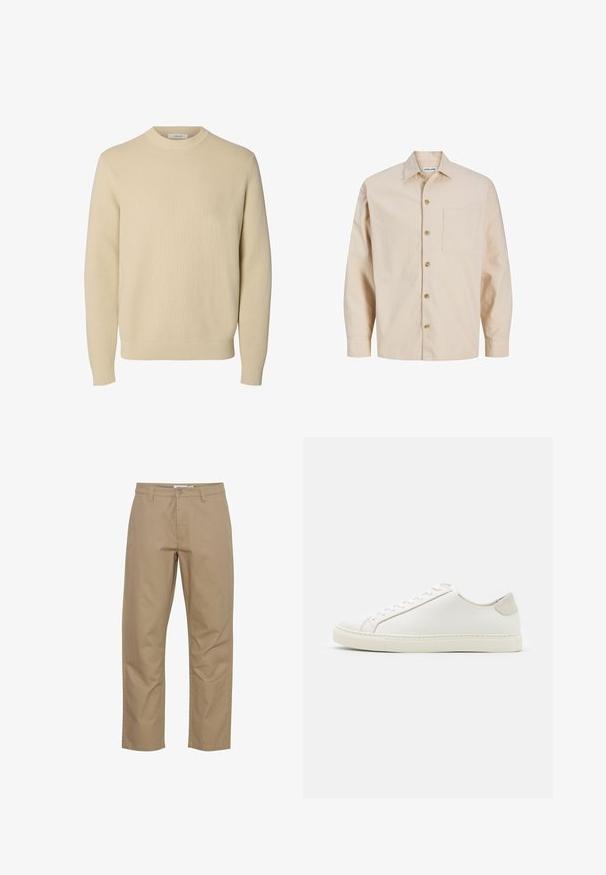 Effen beige ronde hals gebreide trui met lange mouwen en geribde boorden en zoom.; Beige overhemd van katoen met knopen, een zak aan de linkerkant, een omgeplooide kraag en lange mouwen. Voorzien van bruine knopen.; Beige katoenen broek met een rechte pijp, voorzien van een knoop- en ritsluiting aan de voorkant, zijzakken en een nette afwerking.; Witte leren sneaker met een gladde oppervlakte, ronde neus en minimalistisch ontwerp. Heeft beige accenten op de hiel en een rubberen zool.