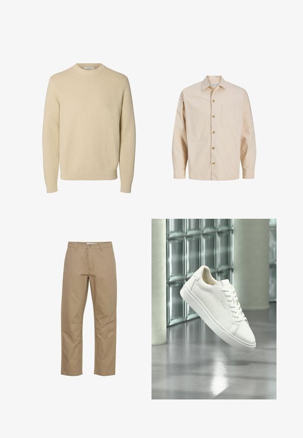 Jersey de punto beige liso con cuello redondo, mangas largas y puños y bajo acanalados.; Camisa beige de algodón con botones, bolsillo en el lado izquierdo, cuello doblado y mangas largas. Cuenta con botones marrones.; Pantalones de algodón beige con un diseño de pierna recta, que cuentan con un cierre frontal de botón y cremallera, bolsillos laterales y un acabado limpio.; Zapatilla blanca de corte bajo con cordones flotando sobre un suelo de hormigón reflectante frente a una pared de bloques de vidrio.