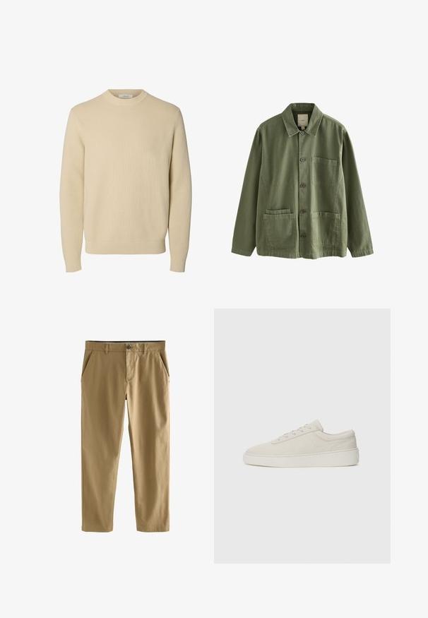 Effen beige ronde hals gebreide trui met lange mouwen en geribde boorden en zoom.; Olivengroene jack met knopen, kraag, lange mouwen, één borstzak en twee lagere patchzakken aan de voorkant.; Beige casual broek met knoop- en ritsluiting, riemlussen en voorste zijzakken, getoond op een witte achtergrond.; Beige sneakers met een zachte suede afwerking, ronde neus en platte rubberen zool. Beschikt over vetersluiting en een minimalistisch ontwerp met subtiele stiksels.