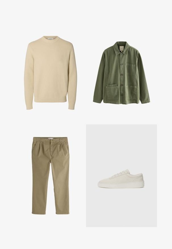 Effen beige ronde hals gebreide trui met lange mouwen en geribde boorden en zoom.; Olivengroene jack met knopen, kraag, lange mouwen, één borstzak en twee lagere patchzakken aan de voorkant.; Beige casual broek met knoop- en ritssluiting, voorzakken, riemlussen en een rechte pijp.; Beige sneakers met een zachte suede afwerking, ronde neus en platte rubberen zool. Beschikt over vetersluiting en een minimalistisch ontwerp met subtiele stiksels.