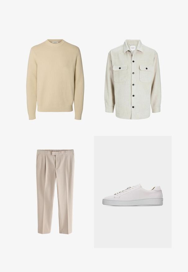 Effen beige ronde hals gebreide trui met lange mouwen en geribde boorden en zoom.; Beige flanellen overhemd met een kraaglijn, voorzien van twee borstzakken, zwarte knopen en lange mouwen met knoopmanchetten.; Beige rechte broek met elastische tailleband en voorplooien, ontworpen voor een comfortabele pasvorm.; Witte leren lage sneaker met witte veters, platte geribbelde rubberen zool en minimale stiksels, gezien vanaf de buitenkant tegen een witte achtergrond.