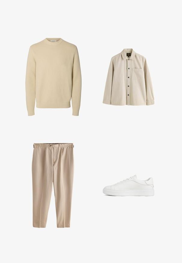 Jersey de punto beige liso con cuello redondo, mangas largas y puños y bajo acanalados.; Camisa beige de manga larga con botones, cuello y un bolsillo en el pecho, hecha de una tela resistente.; Pantalones beige ligeros con un ajuste relajado, que cuentan con pliegues y cierre de un solo botón en la cintura. Textura suave, largo recortado.; Zapatilla baja de cuero blanco con cordones en la parte delantera y suela gruesa de goma, mostrada de perfil sobre un fondo blanco.