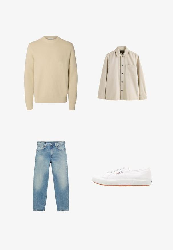 Effen beige ronde hals gebreide trui met lange mouwen en geribde boorden en zoom.; Beige overhemd met lange mouwen, knopen, een kraag en één borstzak, gemaakt van stevig stof.; Jeans met rechte pijpen van blauwe denim, met voorzakken en riemlussen, met lichte vervaagde details op dijen en knieën.; Witte canvas sneakers met een rubberen zool, vetersluiting en een klein logolabel aan de zijkant. Gewreven wit bovenwerk en een bruine zool.