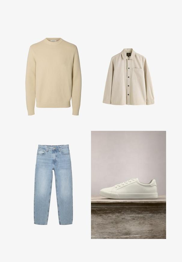 Enkel beige crewneck striktrøje med lange ærmer og ribstrikkede manchetter og kant.; Beige langærmet skjorte med knapper, krave og en brystlomme, lavet af et robust stof.; Lyseblå denim jeans, løs pasform, høj talje, fem-lommer design, knap- og lynlåsåbning, lige ben med let flosset kant.; Hvide snørresneakers svævende over en træbænk med grønne planter i baggrunden, der fremhæver skodesign og tekstur.