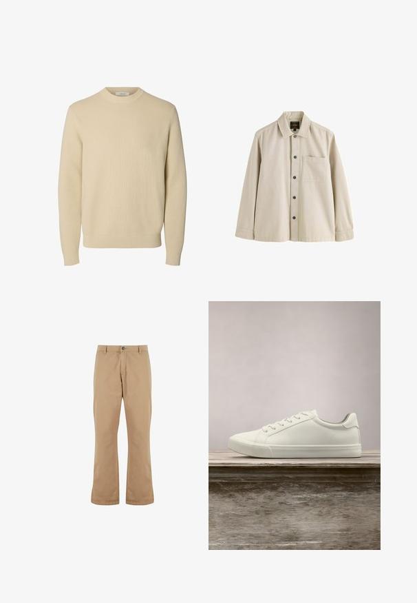Effen beige ronde hals gebreide trui met lange mouwen en geribde boorden en zoom.; Beige overhemd met lange mouwen, knopen, een kraag en één borstzak, gemaakt van stevig stof.; Beige katoenen broek met een rechte snit, voorzien van een knoopsluiting, zijzakken en een gladde textuur.; Witte vetersneaker die boven een houten bank zweeft met groene bladeren op de achtergrond, waarbij het ontwerp en de textuur van de schoen worden getoond.