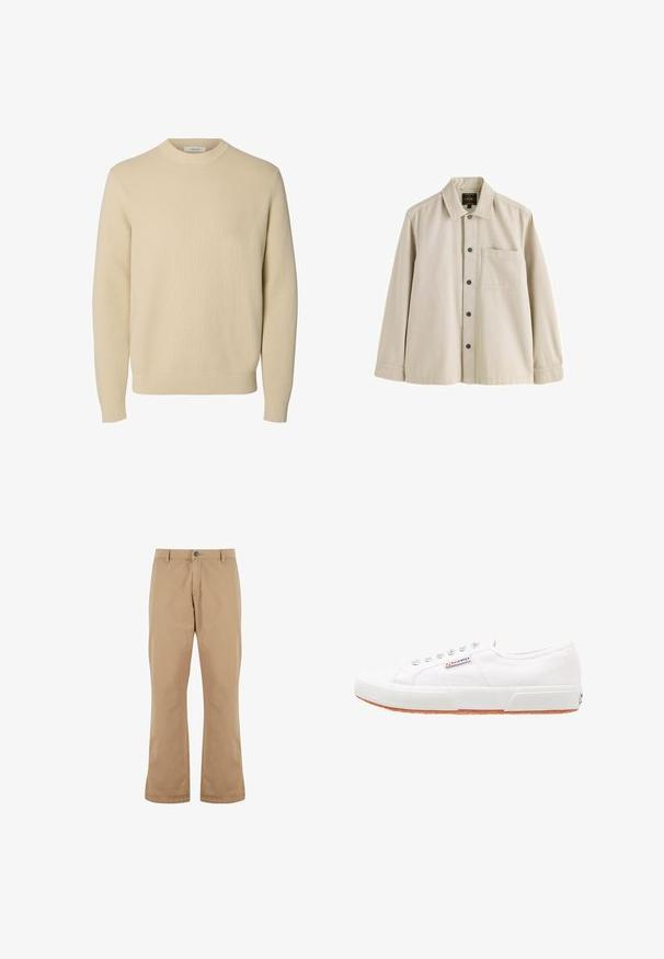 Effen beige ronde hals gebreide trui met lange mouwen en geribde boorden en zoom.; Beige overhemd met lange mouwen, knopen, een kraag en één borstzak, gemaakt van stevig stof.; Beige katoenen broek met een rechte snit, voorzien van een knoopsluiting, zijzakken en een gladde textuur.; Witte canvas sneakers met een rubberen zool, vetersluiting en een klein logolabel aan de zijkant. Gewreven wit bovenwerk en een bruine zool.