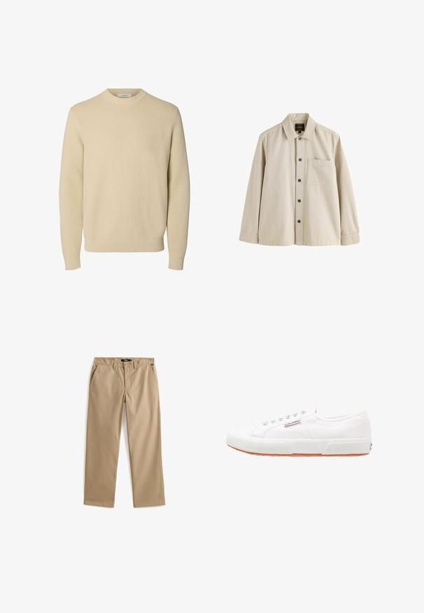 Enkel beige crewneck striktrøje med lange ærmer og ribstrikkede manchetter og kant.; Beige langærmet skjorte med knapper, krave og en brystlomme, lavet af et robust stof.; Beige chinos med lige ben lavet af let bomuldsstof. Har to forlommer og lukning med knap. Glat struktur, minimal dekoration.; Hvide kanvas sneakers med gummisål, snørebåndsdesign og et lille logo mærke på siden. Tekstureret hvid overdel og brun ydersål.