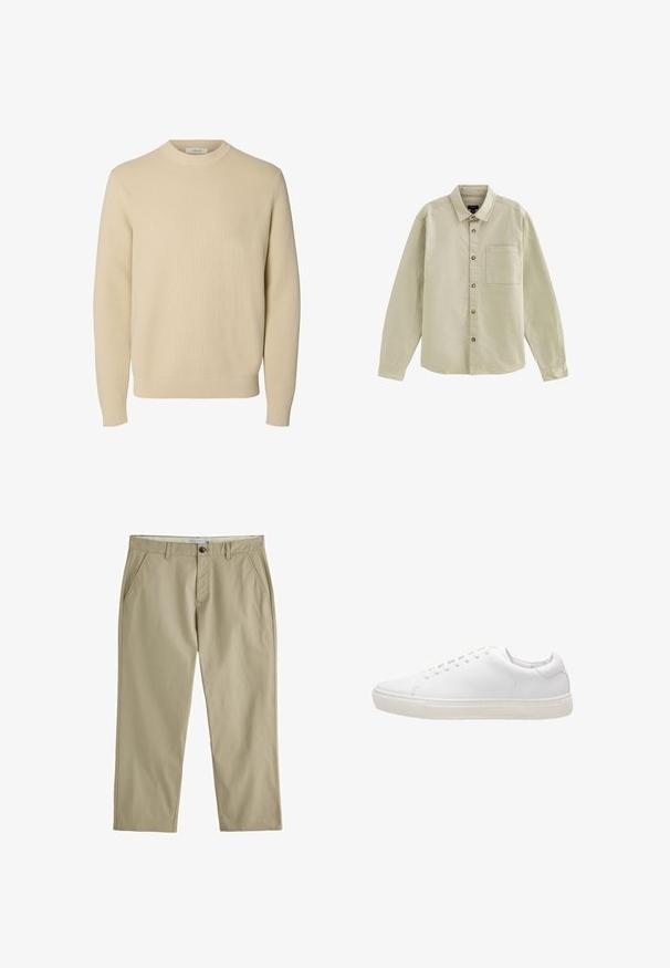 Effen beige ronde hals gebreide trui met lange mouwen en geribde boorden en zoom.; Beige overhemd met lange mouwen, knopen, kraag en borstzak, gemaakt van gladde stof, plat uitgestald op een witte achtergrond.; Beige rechte broek met riemlussen, schuine voorzakken en een enkele knoopsluiting in de taille.; Witte leren sneaker met een gladde textuur, ronde neus, vetersluiting en een platte rubberen zool. Minimalistisch ontwerp zonder zichtbare patronen.