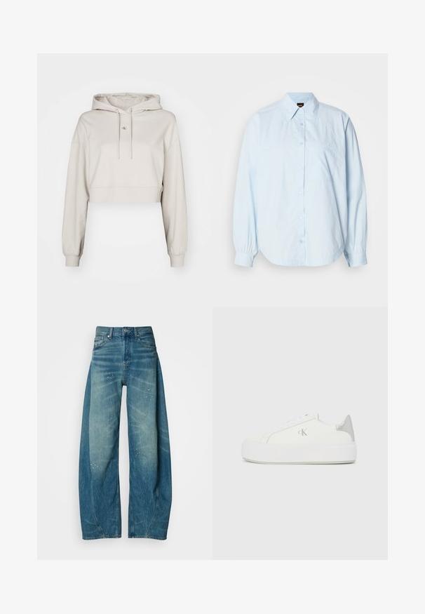 Beige Crop-Hoodie aus weichem Stoff, mit einer Kordelzugkapuze, langen Ärmeln und einem kleinen Logopatch auf der Brust.; Hellblaues, langärmliges Hemd aus Baumwolle mit Knopfleiste. Es hat einen Kragen, einen abgerundeten Saum und eine kleine Brusttasche mit gesticktem Logo.; Helle blaue Denim-Jeans mit weitem Bein, an den Stellen verblasst und mit kleinen Farbspritzern verziert. Verfügt über ein klassisches Fünf-Taschen-Design und einen Knopfverschluss.; Weiße Leinensneaker mit einer dicken weißen Sohle, die ein metallisch silbernes Detail an der Ferse und ein dezentes Logo auf der Seite aufweisen.