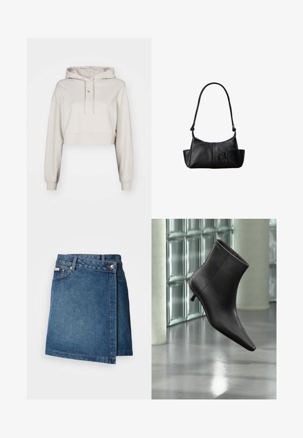 Beverde croppende hoodie gemaakt van zachte stof, met een verstelbare capuchon, lange mouwen en een klein logo op de borst.; Denim rok in middelblauw met een wikkeldesign, voorzien van een knoop- en ritsluiting, en zichtbare stiksels langs de zoom.; Zwarte leren enkellaars met puntige neus en lage hak, afgebeeld tegen een glazen blokkenmuur en gepolijste vloer op de achtergrond.; Zwarte leren schoudertas met lange band, zijvakjes en een reliëflogo van Calvin Klein aan de voorkant.