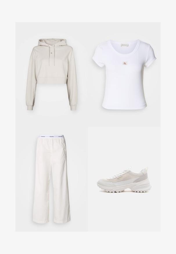 Beskyttende beige hoodie i cropped stil, lavet af blødt stof, med snoretræk til hætten, lange ærmer og et lille logo-patch på brystet.; Hvid tætsiddende t-shirt lavet af ribbet stof, med rund halsudskæring og korteærmer. Et lille CK-logo er syet på brystet.; Hvide brede bukser med elastisk talje og et kontrasterende Calvin Klein-logo. Fremstillet af glat stof, giver de en afslappet pasform.; Hvid chunky sneaker med mesh-overdel, tyk sål, Calvin Klein-logo på siden og trækflig på hælen.