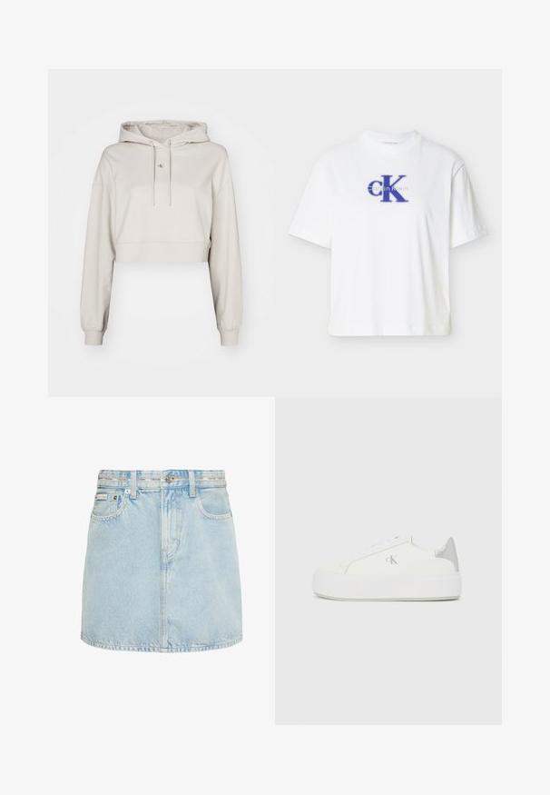 Beskyttende beige hoodie i cropped stil, lavet af blødt stof, med snoretræk til hætten, lange ærmer og et lille logo-patch på brystet.; Hvid kortærmet T-shirt lavet af bomuld med rund halsudskæring, med en blå "CK"-logo og tekst i kontrasterende blå tryk.; Lyseblå denim mininederdel med forlommer, bæltestropper og Calvin Klein-logo på linningen og den lille forlom.; Hvide lærredssneakers med en tyk hvid sål, prydet med en metallic sølvaccent på hælen og en diskret logo-detalje på siden.