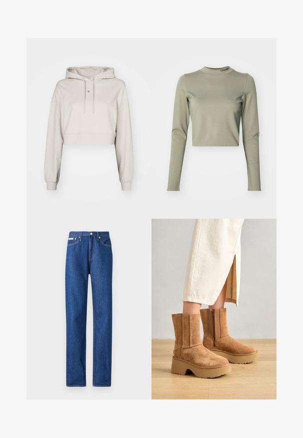 Beige Crop-Hoodie aus weichem Stoff, mit einer Kordelzugkapuze, langen Ärmeln und einem kleinen Logopatch auf der Brust.; Gekürztes langärmeliges Oberteil in hellolivgrün, aus glattem Stretchstoff, mit hohem Kragen und einem Calvin Klein-Logo am Kragen.; Indigo blaue gerade geschnittene Jeans aus Denim, mit fünf Taschen, einem Frontknopfverschluss und kontrastierenden orangen Stitching-Details.; Braune Wildleder-Stiefeletten mit einer klobigen Plateausohle, seitlichem Reißverschluss und vertikalen Nähdetails, kombiniert mit einem cremefarbenen Rock.