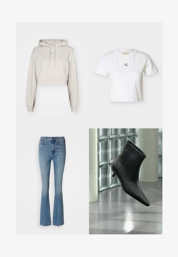 Sudadera beige recortada hecha de un tejido suave, con capucha ajustable, mangas largas y un pequeño parche de logo en el pecho.; Camiseta blanca recortada de manga corta con pequeño logo negro "cK" centrado en el pecho y cuello redondo.; Jeans acampanados de color azul claro, fabricados en denim, con una cintura alta, lavado desgastado y costuras visibles, y detalles en hardware marrón.; Botín negro de cuero con punta puntiaguda y tacón bajo estilo kitten, mostrado en ángulo sobre un suelo pulido y con una pared de bloques de vidrio de fondo.