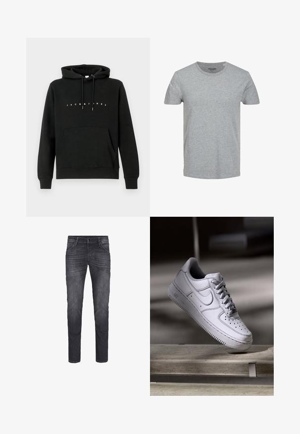 Hoodie en coton noir avec une poche kangourou à l'avant, une capuche avec cordon de serrage, et le texte blanc "JACK & JONES" sur la poitrine. Texture douce.; T-shirt gris à manches courtes en coton doux. Doté d'un col ras du cou classique et d'une coupe régulière. Design simple sans motifs ni accents.; Jean en denim gris foncé avec une coupe slim, doté de cinq poches, d'une fermeture à bouton à l'avant et de détails de décoloration subtils.; La basket Nike Air Force 1 en cuir blanc présente un embout perforé, des lacets plats et une semelle en caoutchouc texturée avec le logo « AIR » sur le côté.