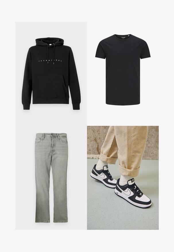 Hoodie en coton noir avec une poche kangourou à l'avant, une capuche avec cordon de serrage, et le texte blanc "JACK & JONES" sur la poitrine. Texture douce.; T-shirt en coton noir avec un col rond, des manches courtes et un design simple. Texture lisse, sans motifs ni éléments visibles.; Jean en denim gris clair avec une coupe droite, présentant un style à cinq poches, une fermeture éclair devant et une texture légèrement décolorée.; Baskets Nike Air Force 1 en noir et blanc avec un dessus en cuir, orteil perforé et détail de semelle texturée, portées avec un pantalon beige retroussé et des chaussettes blanches.