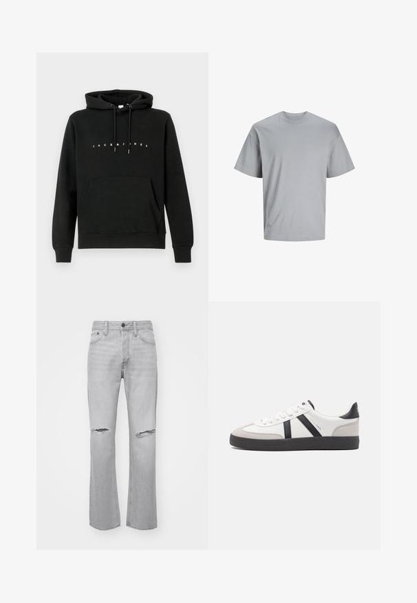 Hoodie en coton noir avec une poche kangourou à l'avant, une capuche avec cordon de serrage, et le texte blanc "JACK & JONES" sur la poitrine. Texture douce.; T-shirt gris clair à manches courtes en tissu coton doux, avec un col rond et une coupe décontractée, sans motifs ni logos visibles.; Jean en denim gris avec une coupe droite, featuring deux déchirures au niveau des genoux, un design classique à cinq poches et une fermeture éclair avec bouton.; Baskets blanches avec des accents noirs et gris, présentant un embout texturé gris, une semelle en caoutchouc noir et des lacets plats blancs. Design épuré, style minimaliste.