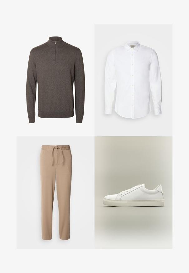 Jersey marrón de manga larga con cuello con media cremallera y puños y bajo acanalados sobre un fondo blanco.; Camisa blanca de botón hecha de algodón con cuello clásico, mangas largas y bordado sutil en el lado izquierdo del pecho. Presenta botones beige.; Pantalones de chándal beige hechos de algodón suave, con cintura elástica, cordón, corte ajustado y perneras rectas sin estampados.; Zapatilla blanca de perfil bajo con cordones en la parte delantera y suela gruesa, mostrada de lado sobre un fondo neutro.