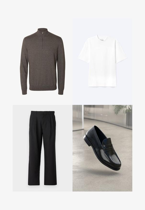 Pull marron à manches longues avec col à demi-fermeture éclair et poignets et ourlet côtelés sur fond blanc.; T-shirt blanc uni à manches courtes et col rond avec une coupe décontractée, présenté sur un fond clair.; Jack & Jones JPSTBILL JJDAYTONA WIDE CHINO - Pantalon classique - black; Mocassins en cuir noir à finition lisse, bout arrondi, coutures décoratives et semelle extérieure légèrement surélevée.