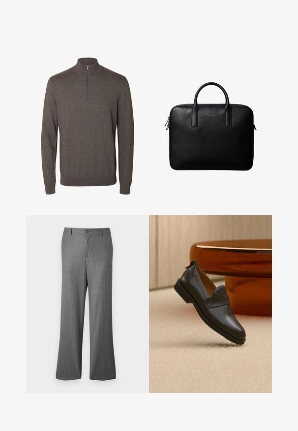 Pull marron à manches longues avec col à demi-fermeture éclair et poignets et ourlet côtelés sur fond blanc.; Pantalons gris à rayures fines avec une coupe décontractée, dotés d'une fermeture à bouton, de passants de ceinture et de subtiles rayures bleu clair tout au long.; Mocassin en cuir noir à talon bas flottant au-dessus d'un tapis beige, à côté d'une table brillante couleur ambre dans une pièce minimaliste.; Mallette en cuir noir texturé avec double poignées et tirettes de fermeture éclair argentées, centrée sur fond blanc.
