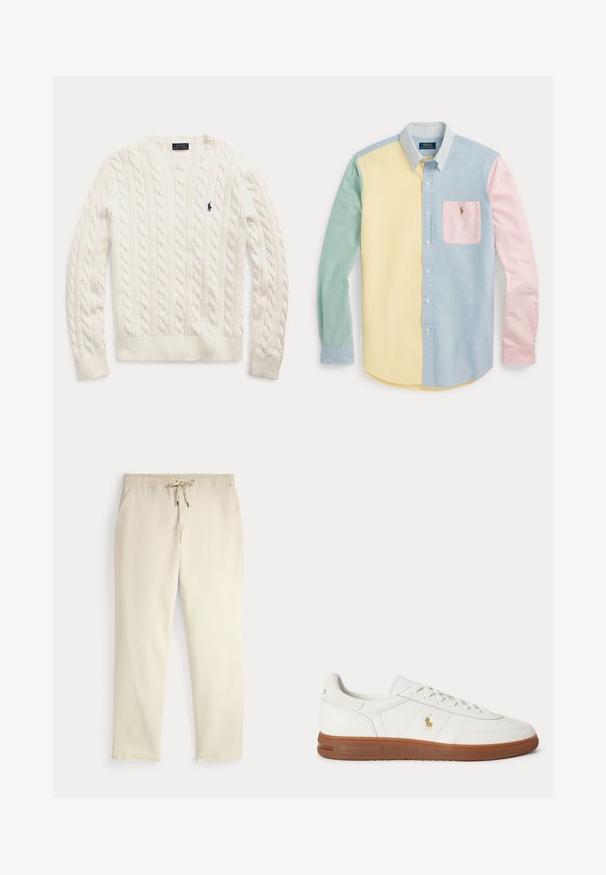 Pull blanc à manches longues en maille torsadée, col rond et petit logo Polo Ralph Lauren bleu foncé sur la poitrine gauche.; Chemise à manches longues boutonnée avec un design en blocs de couleurs pastel jaune, vert, bleu et rose, avec un col rayé et une poche poitrine avec logo.; Pantalon décontracté off-white avec taille élastique et cordon de serrage, jambes droites et poches latérales sur un fond uni.; Baskets basses blanches avec semelle marron, lacets à l'avant, et petit logo doré Polo Ralph Lauren sur le côté.