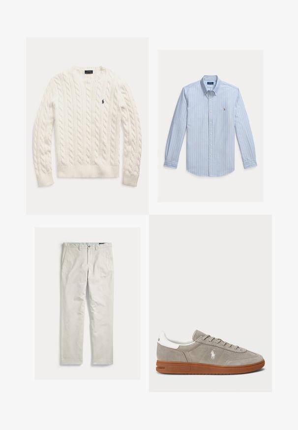 Pull blanc à manches longues en maille torsadée, col rond et petit logo Polo Ralph Lauren bleu foncé sur la poitrine gauche.; Chemise bleu clair à manches longues avec rayures verticales blanches et petit logo Polo Ralph Lauren brodé sur la poitrine.; Pantalon droit beige clair avec poches avant, passants pour ceinture et fermeture par bouton, présenté à plat sur un fond blanc.; Baskets en daim gris avec des accents en cuir blanc, bout rond, lacets ton sur ton et semelle en caoutchouc marron. Présente un logo brodé sur le côté.