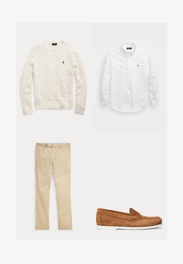Biely sveter s dlhým rukávom so vzorom vrkoča, s okrúhlym výstrihom a malým tmavomodrým logom Polo Ralph Lauren na ľavej strane hrudníka.; Biela košeľa na gombíky vyrobená z bavlny. Má špicatý golier, dlhé rukávy a malú námornícku nášivku na hrudi. Hladká textúra.; Béžové nohavice s rovnými nohavicami, s pútkami na opasok a predným zipsom, položené na bielom pozadí.; Hnedý semišový mokasín s bielou podrážkou a béžovým prešitím pozdĺž špičky a vrchnej hrany, zobrazený z boku na jednoliatej pozadí.