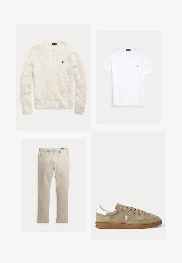 Weißer, kabelgestrickter Pullover mit langen Ärmeln, Rundhalsausschnitt und kleinem dunkelblauem Polo Ralph Lauren-Logo auf der linken Brust.; Weißes T-Shirt mit Rundhalsausschnitt und kurzen Ärmeln, mit kleinem gesticktem Polo Ralph Lauren Logo auf der linken Brust und blauem Markenetikett innen am Kragen.; Beige Baumwollhose mit geradem Bein, Fronttaschen, Gürtelschlaufen, Knopfverschluss und Reißverschluss, flach auf weißem Hintergrund dargestellt.; Beiger Wildleder-Sneaker in niedrigem Schnitt mit brauner Sohle, weißem Fersendetail, Schnürsenkeln und weißem, seitlich gesticktem Polo-Spieler-Logo.